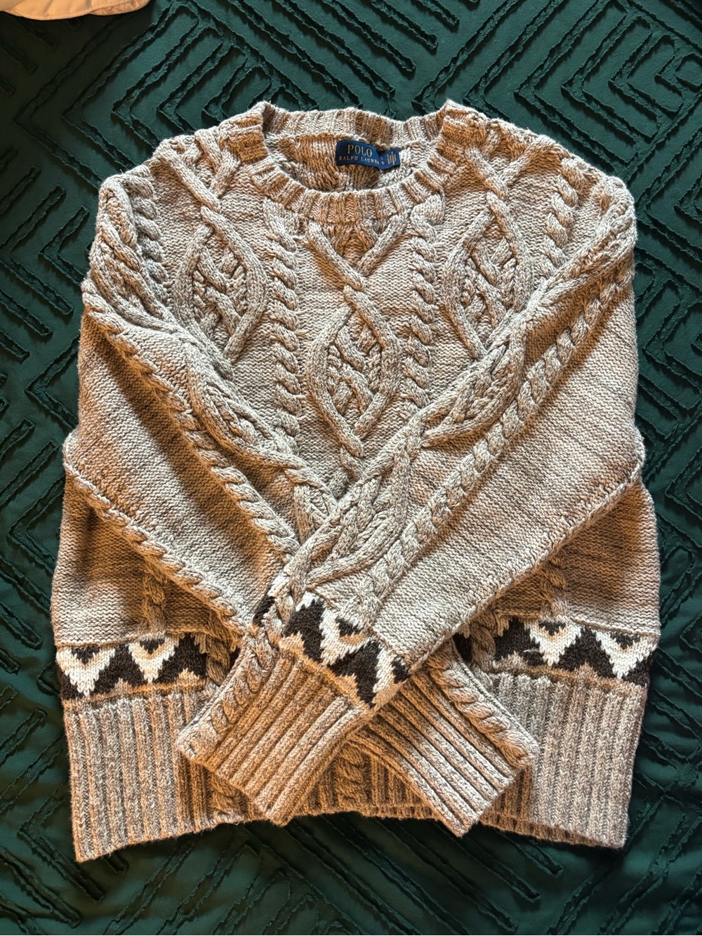 Polo by Ralph Lauren Beige Cable Knit Crewneck Sweater with Patterned Hem